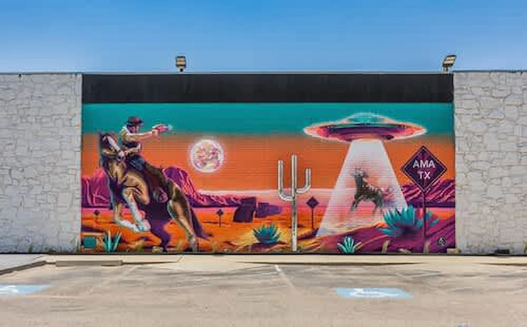 The Disco In The Desert mural with the Cosmic Cowboy on horseback