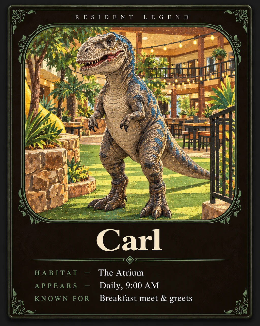 Resident Legend trading card: Carl the dinosaur in the atrium, at breakfast daily at 9 AM for meet and greets