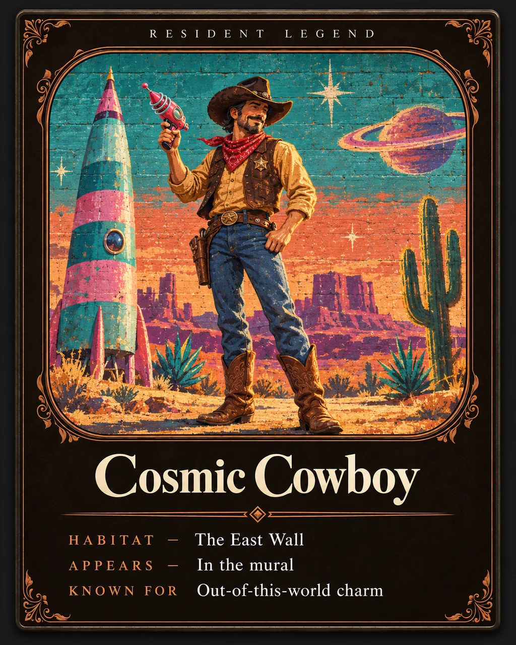 Resident Legend trading card: the Cosmic Cowboy of the east wall mural, with ray gun and rocket