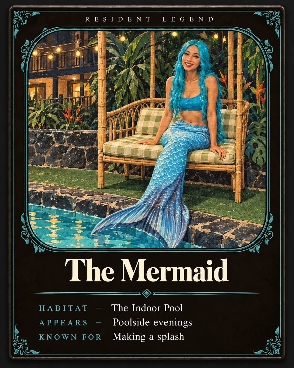 Resident Legend trading card: Sky the Mermaid at the indoor pool, poolside evenings